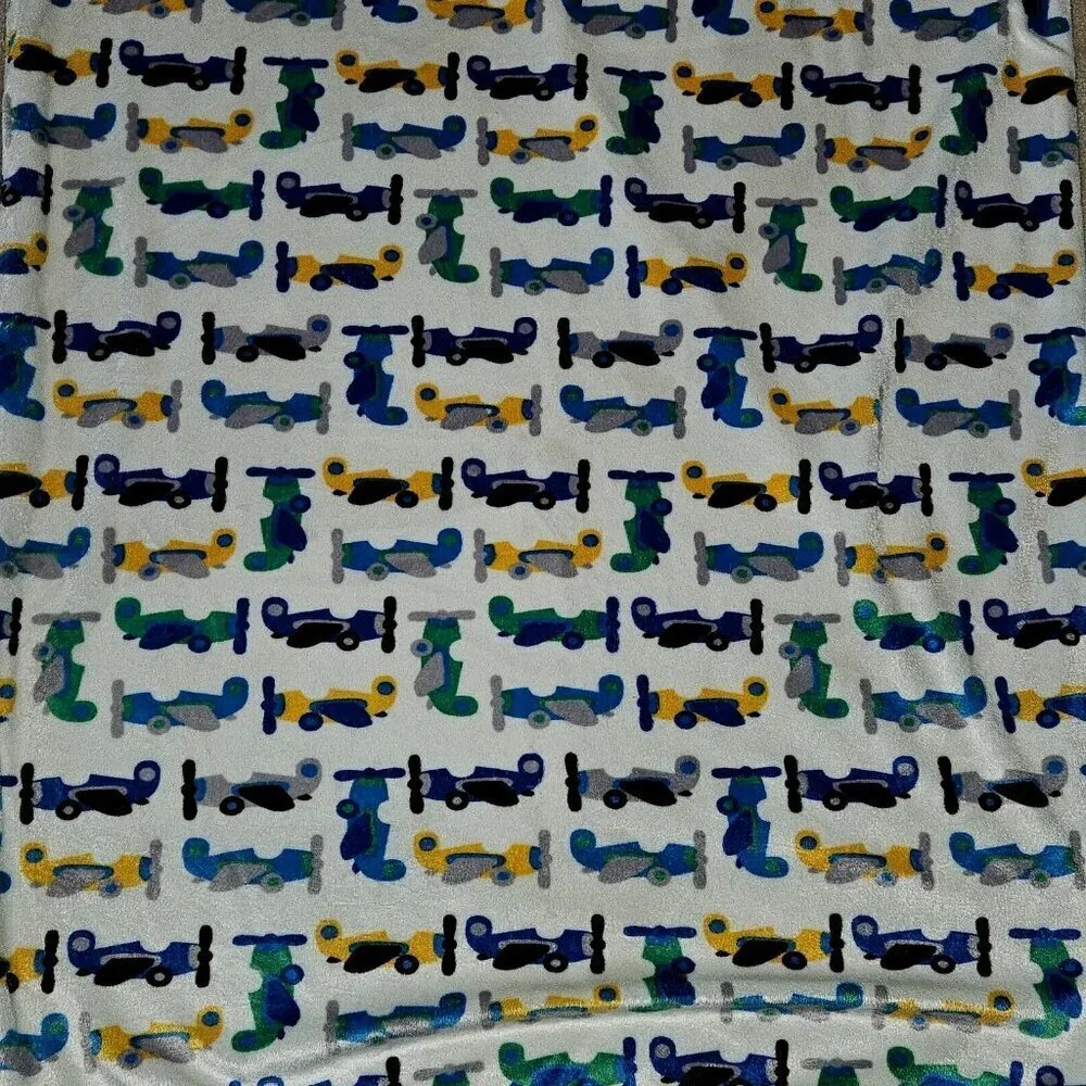 Airplane Fleece Baby Blanket 30x38 RN 119741 Blue Yellow Gray Green Black White
